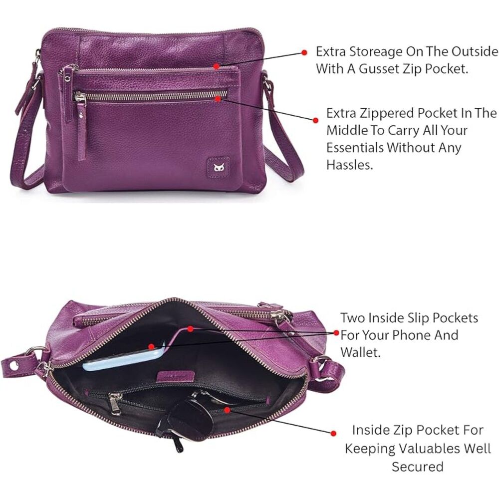 Women Amethyst Imported Leather Polyester Soft Pebbled Crossbody Shoulder Bag - Picture 4 of 4